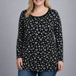 ANYBODY Women’s Plus Size 1XT Long Sleeve Top Black White Hearts Print Casual